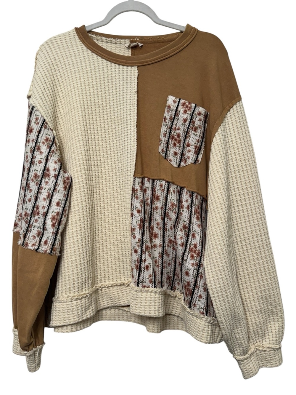 POL Patchwork Waffle Knit Boho Top Brown Cream Floral Large - Picture 2 of 5